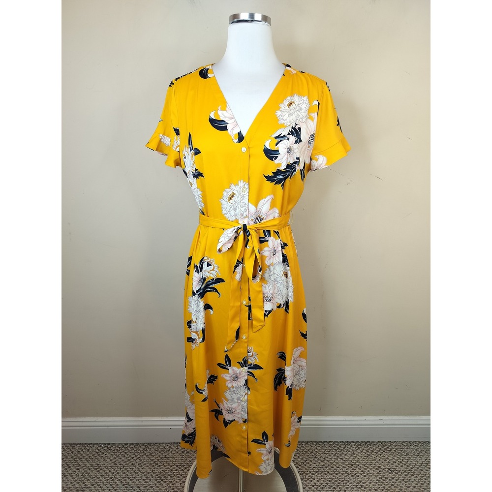 LOFT Floral Midi Dress 6 Button Front Belted Summer Yellow NEW